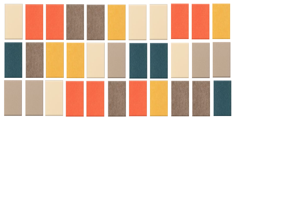 Grid of rectangular tiles in cream, coral, gold, brown, and teal colors arranged in three rows.