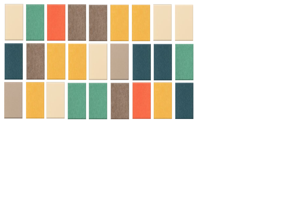 Grid of 27 colored tiles in beige, green, teal, brown, coral, and gold arranged in three rows.