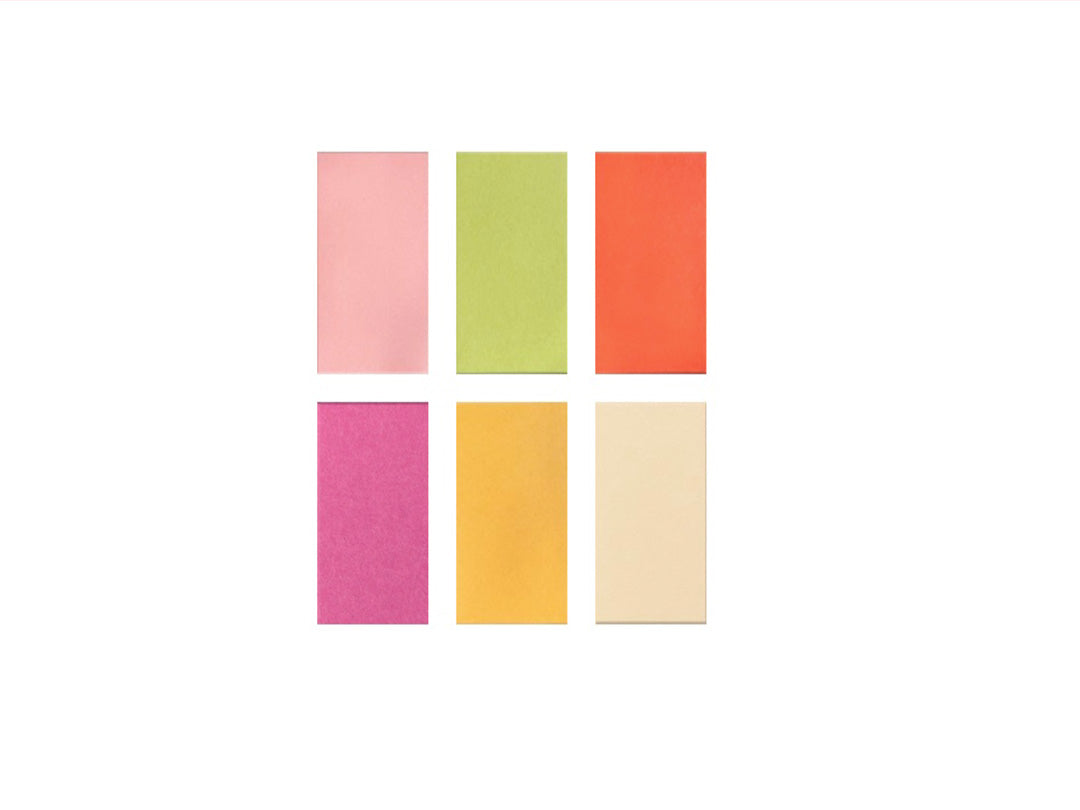 Set of six colorful rectangular sticky notes on a white background