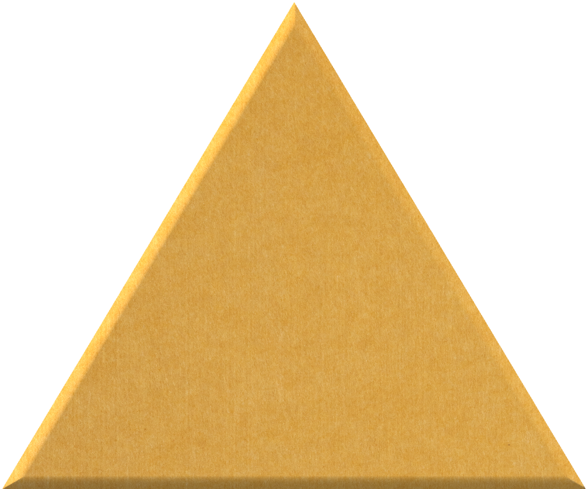 Gold triangle tile with textured surface and beveled edges.