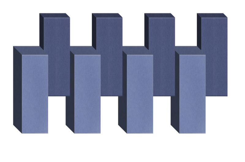 Blue 3D geometric design with four tall vertical columns and four shorter pillars creating an abstract architectural pattern.