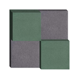 3D geometric design with four interlocking cubes in alternating sage green and charcoal gray.