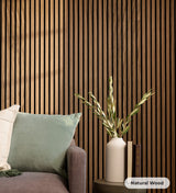 Vertical walnut wood slats with varying grain patterns and warm brown tones.
