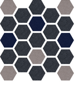 Hexagonal tile pattern with dark gray, navy blue, and taupe tiles arranged in honeycomb layout with white grout lines.