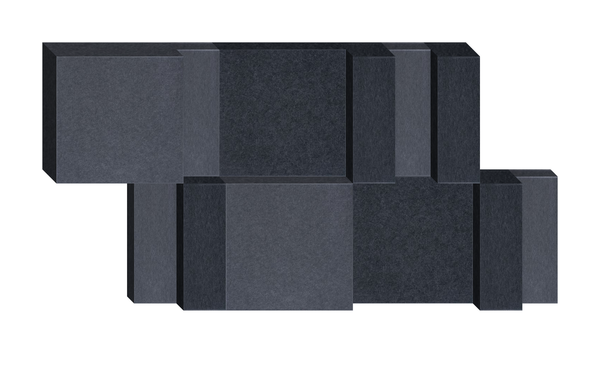 Dark gray modular sectional sofa with geometric panel design, shown from side angle.