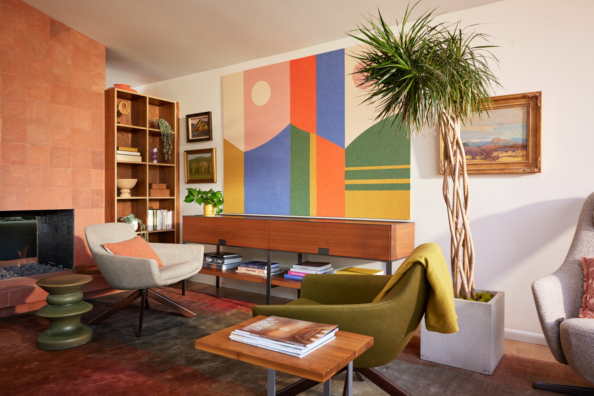 Colorful felt wall art design in a midcentury modern living room