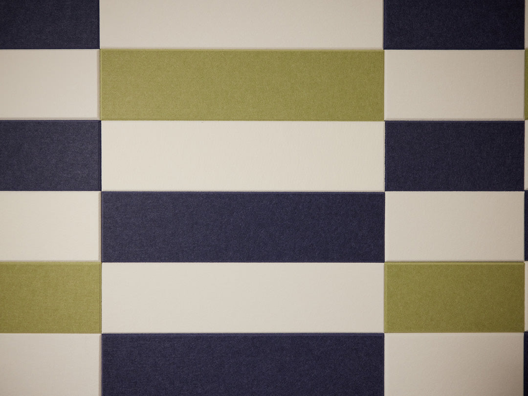 A Felt Right wall art design in shades of blue, green, and white felt tiles horizontal rectangles