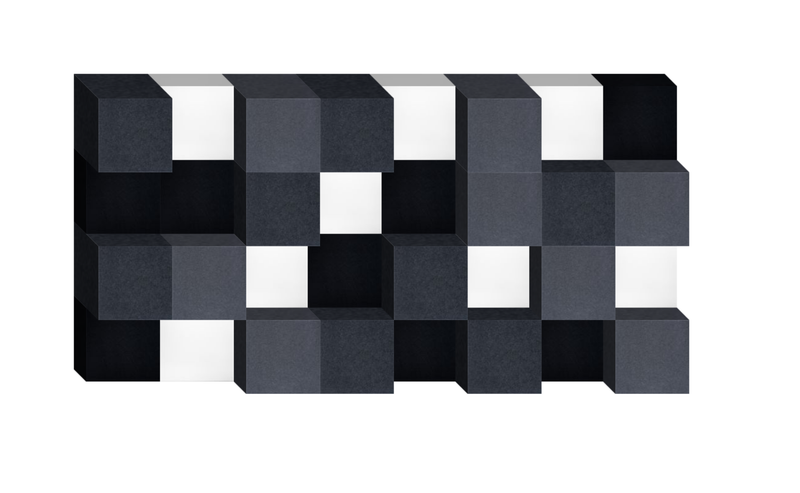 Three-dimensional geometric pattern with black, gray, and white cubic blocks arranged in a checkered composition.