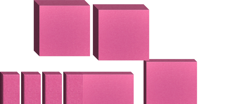 Pink rectangular blocks arranged in an asymmetrical composition with varying sizes and depths.
