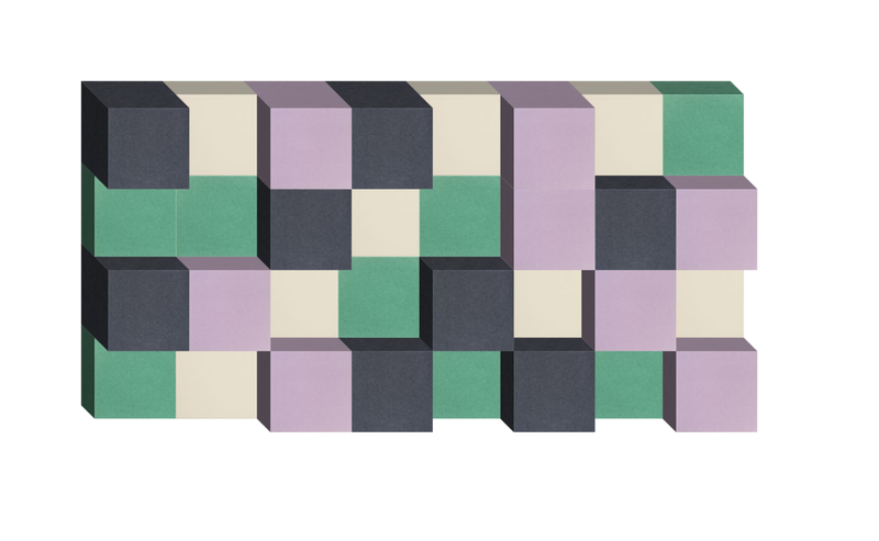 3D geometric block design with teal, lavender, charcoal, and cream colored squares arranged in a staggered pattern.