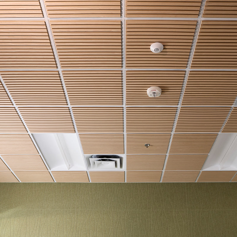 Ceiling with wooden paneling and fire alarm system