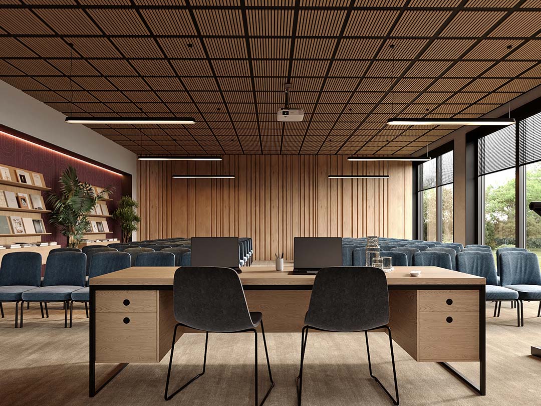Modern office interior with desks, chairs, and large windows. Featuring Oak and black layered ceiling tiles