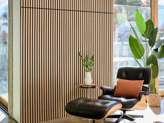 Modern black leather chair with a brown pillow in a room with large windows and plants.