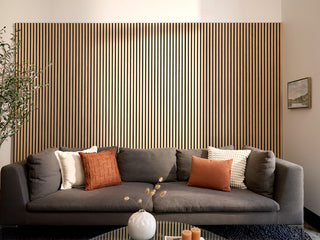 Gray sofa with decorative pillows against a wooden panel wall in a living room setting.