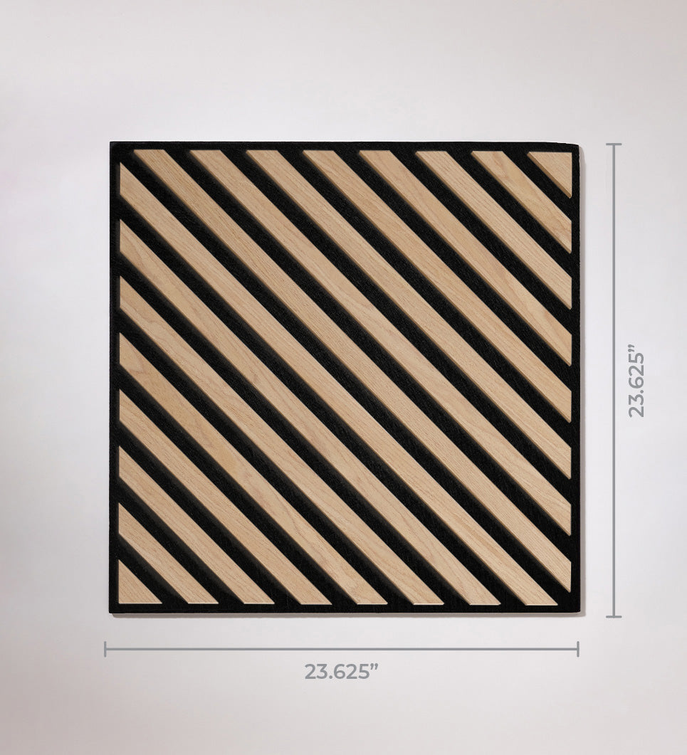 Square mat with black and beige diagonal stripes and dimensions on a light gray background