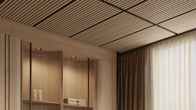 Modern interior with wooden ceiling and walls, featuring a window with curtains.