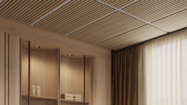 Modern interior with wooden walls and ceiling, featuring a window with curtains.