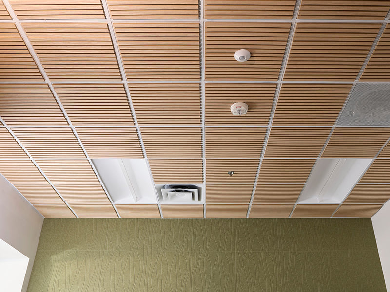 Wood slat ceiling panels in a large room with green accent wall.