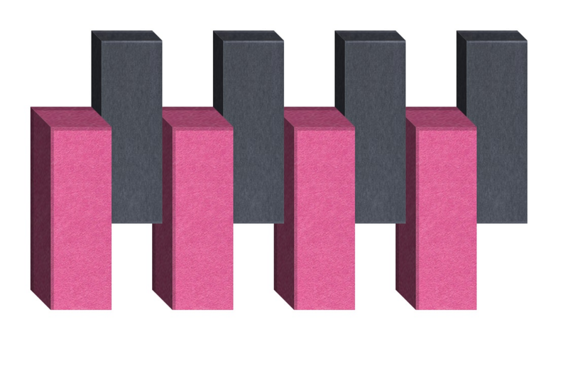 Four pink rectangular blocks alternating with four dark gray rectangular blocks arranged in a 3D geometric pattern.