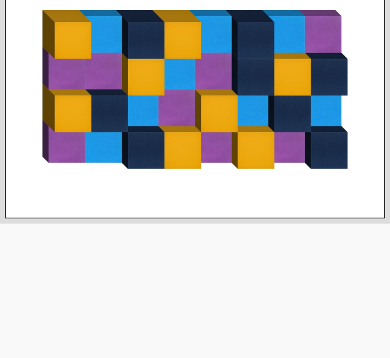 3D rectangular object made of interlocking cubes in yellow, blue, purple, and dark navy colors.