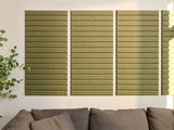 Three large wall panels with horizontal olive and cocoa striped pattern above brown upholstered sofa.