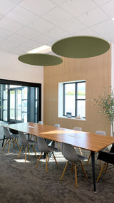 Two circular olive green acoustic baffles suspended from ceiling above conference table.