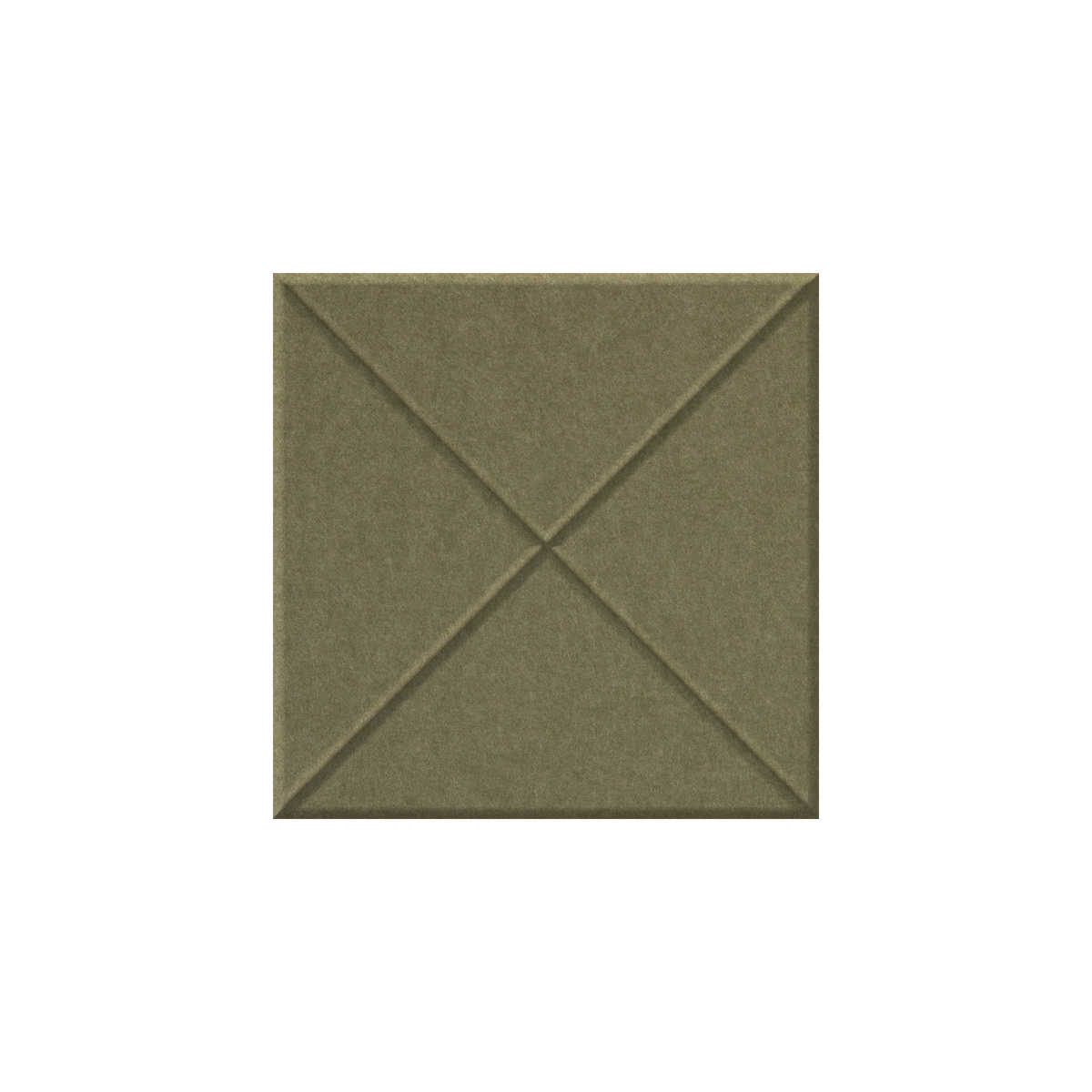 A square olive green textured panel with a stitched diagonal cross design, centered on a plain white background.