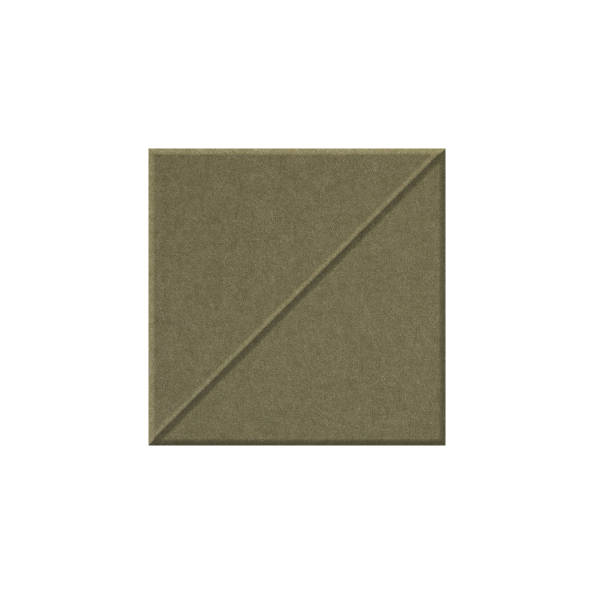 A square fabric swatch in a muted olive green color, featuring a diagonal seam from corner to corner, shown against a plain white background.