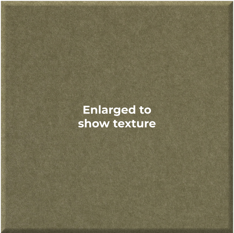 A square textured material swatch in muted olive green with centered white text reading 'Enlarged to show texture'.