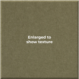 A square textured material swatch in muted olive green with centered white text reading 'Enlarged to show texture'.