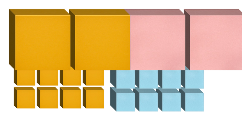 Colorful 3D geometric blocks in yellow, pink, and light blue arranged in rows with shadow effects.