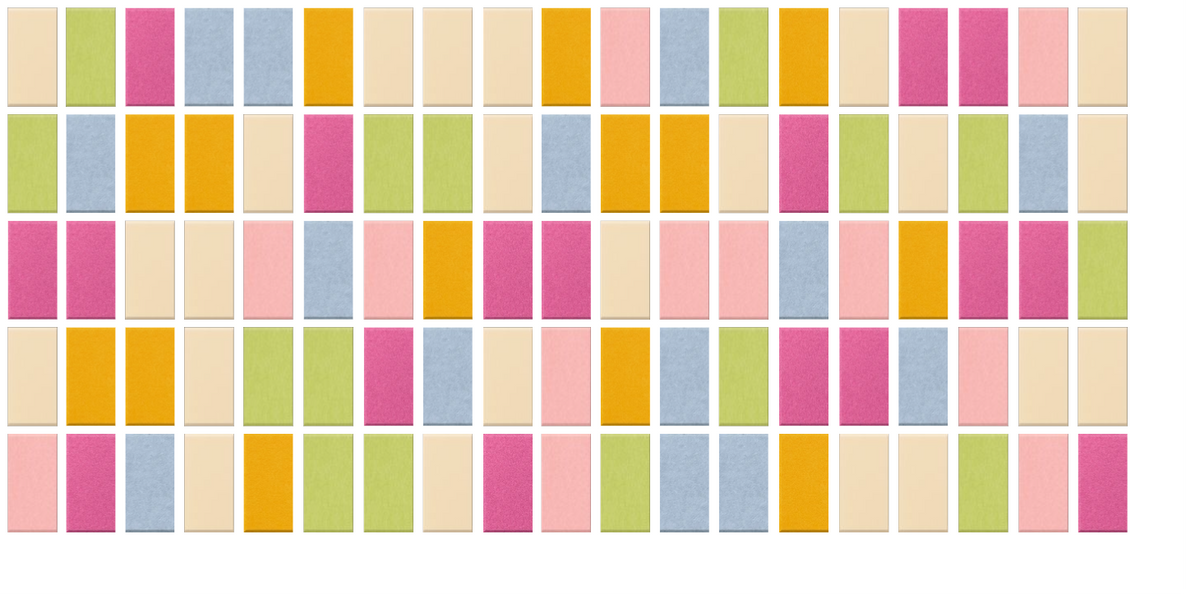 Grid of colorful rectangular tiles in pink, yellow, green, blue, and cream arranged in rows.