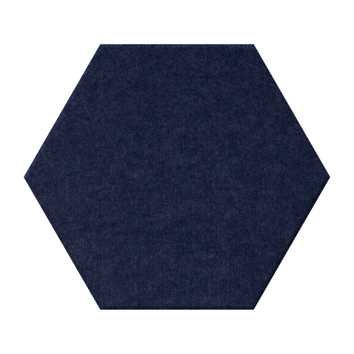 A single hexagonal felt or fabric swatch in a dark navy blue color, centered on a plain white background.