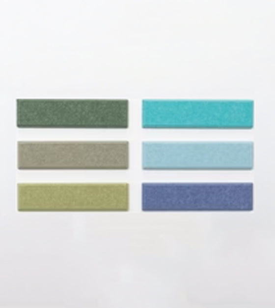 Set of six rectangular tiles in different colors on a white background