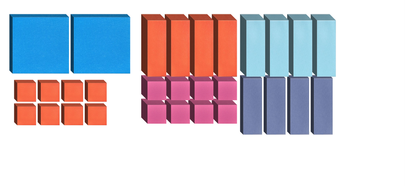 Three-dimensional geometric blocks in blue, red, pink, light blue, and purple arranged in groups.