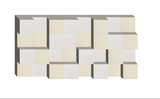 3D geometric wall design with interlocking cream and white squares and gray edges.