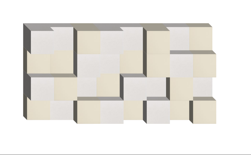3D geometric wall design with interlocking cream and white squares and gray edges.