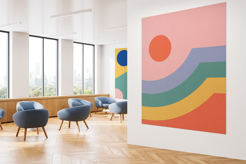 Modern office space with abstract acoustic art on the wall