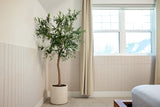 Beige parallel wainscoting panels installed on bedroom wall beneath window next to potted plant.