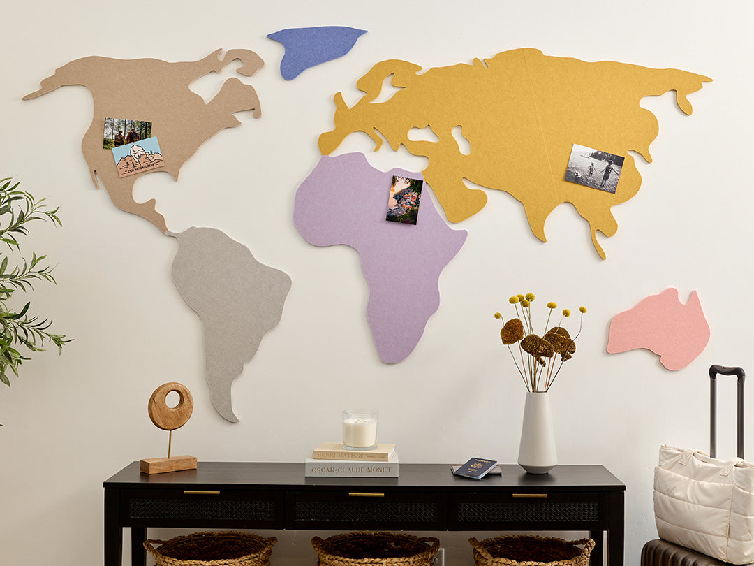 World Map Wall Art in Entryway with Photos Pinned
