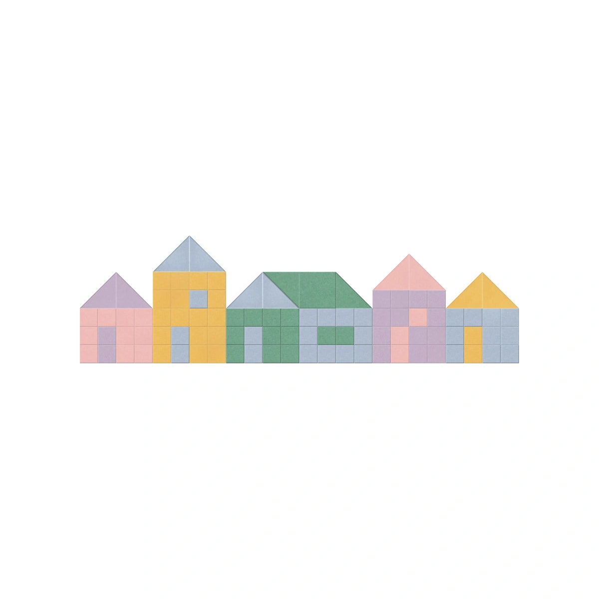 A row of colorful houses built from interlocking geometric blocks, shown on a plain white background.
