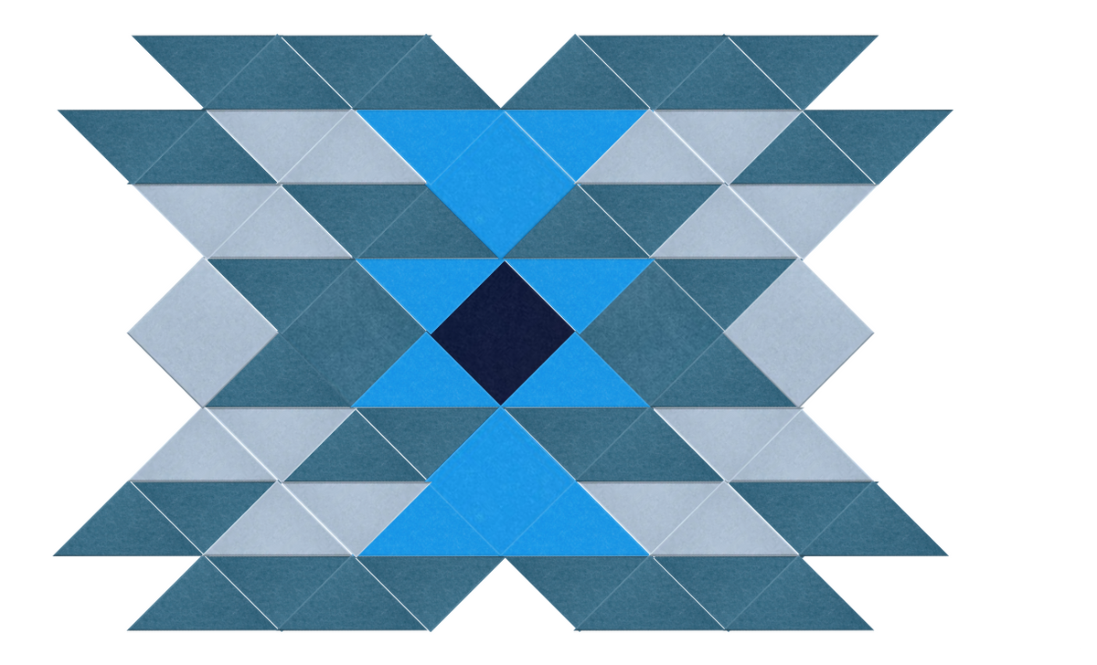 Geometric pattern of blue and gray triangles on a white background