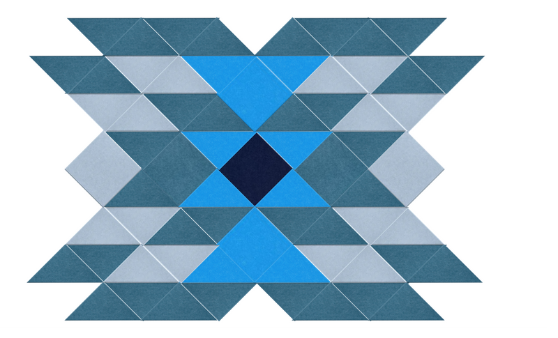 Geometric pattern of blue and gray triangles on a white background