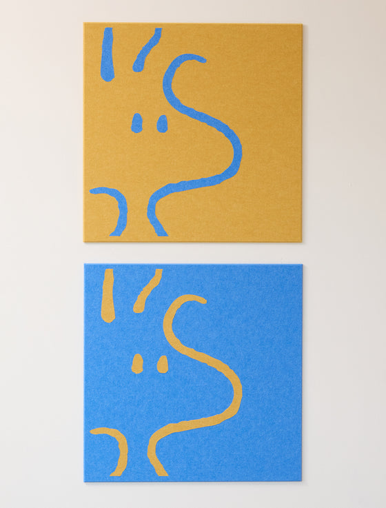 Blue and yellow 2' x 2' square felt tiles of Woodstock, the bird from the Peanuts series