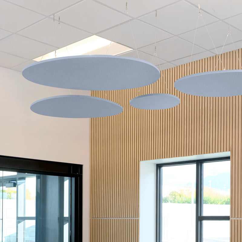 Pebble Flat Cloud acoustic ceiling baffles in light blue felt