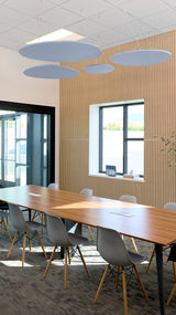 Blue-gray oval acoustic panels suspended from ceiling in modern office conference room.