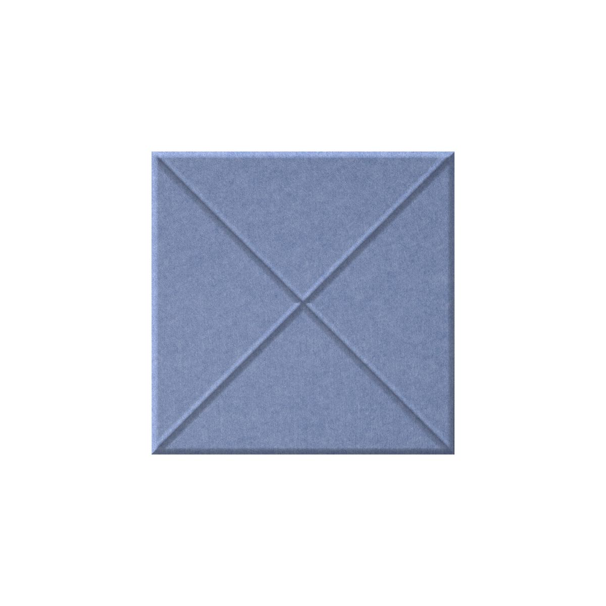 A square blue textured panel with a stitched geometric pattern of intersecting diagonals forming an X in the center, isolated on a white background.