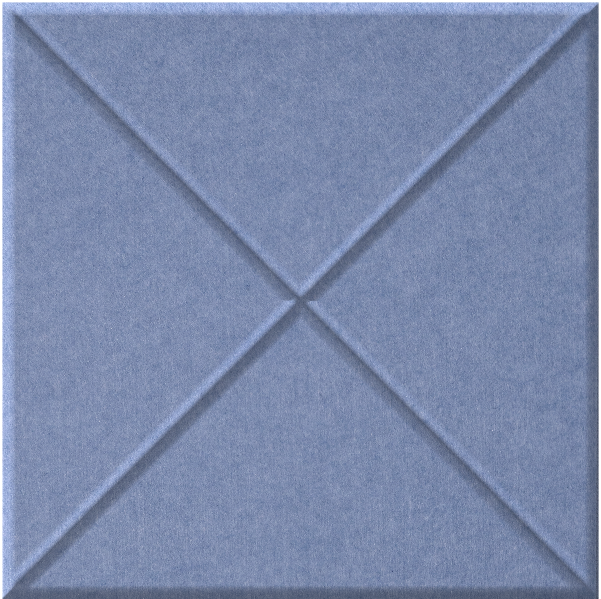 Blue ceramic tile with cross-shaped indented pattern creating four triangular sections.