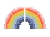 Pixelated rainbow arc design with symmetrical color gradient from pink to navy blue blocks.