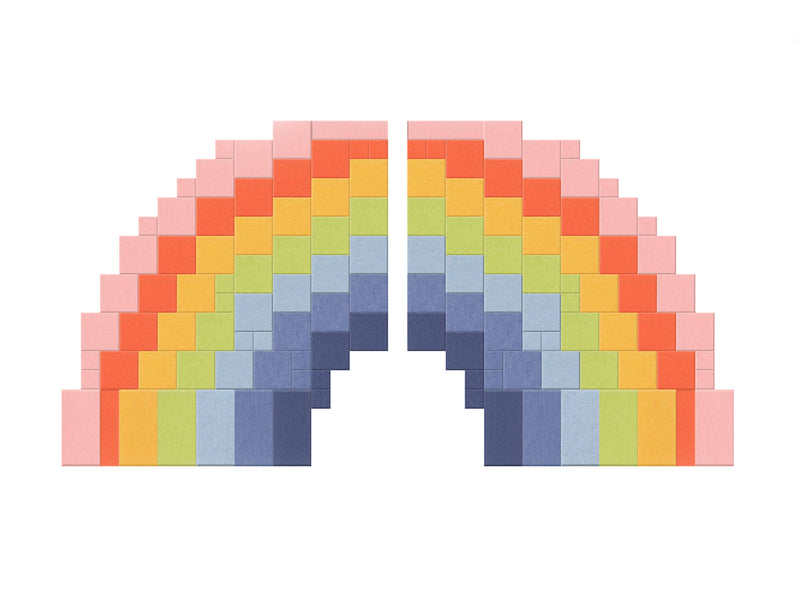 Pixelated rainbow arc design with symmetrical color gradient from pink to navy blue blocks.